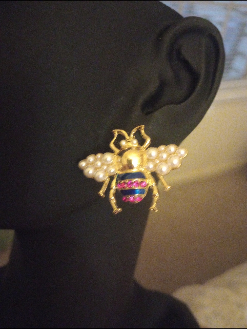Gold Bee Faux Pearl Wing Earrings with Pink & Blue Enamel Accent